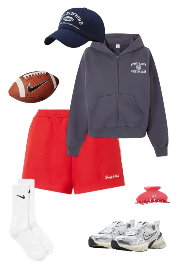 grey Sporty and Rich Country Club zip hoodie red Sporty and Rich running shorts navy American Needle New York cap red Alo claw clip white Nike crew socks silver Nike sneakers Nike football prop outfit 15