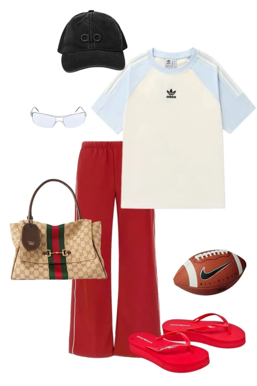 cream and light blue Adidas colorblock raglan tee red wide-leg track pants with white stripe black Alo washed baseball cap silver shield sunglasses Gucci monogram tote bag red Emporio Armani flip flop sandals Nike football prop outfit 16