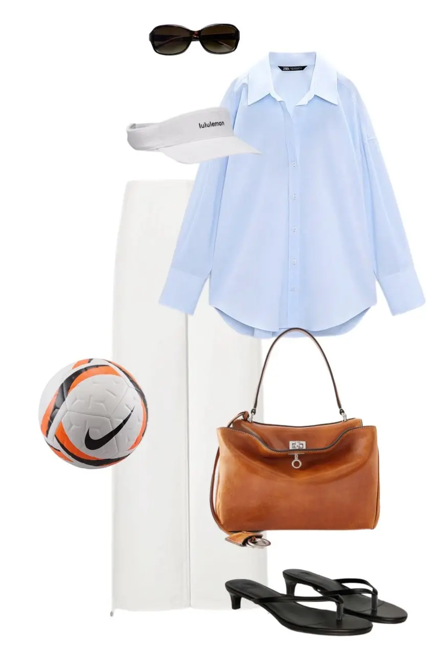 light blue oversized Zara button-up shirt white wide-leg track pants white Lululemon visor tortoiseshell oversized sunglasses cognac brown leather top handle bag black kitten heel thong sandals Nike soccer ball prop outfit 17