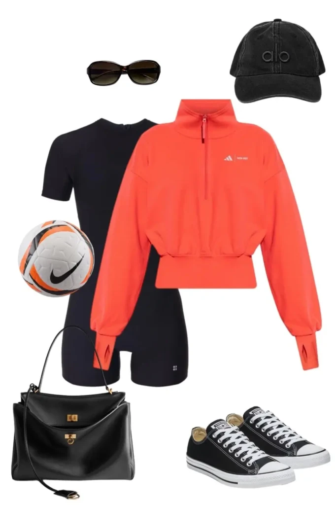 black fitted short sleeve sports unitard coral red Adidas cropped quarter zip sweatshirt black Alo washed baseball cap tortoiseshell sunglasses black structured leather top handle bag black Converse low top sneakers Nike soccer ball prop outfit 18