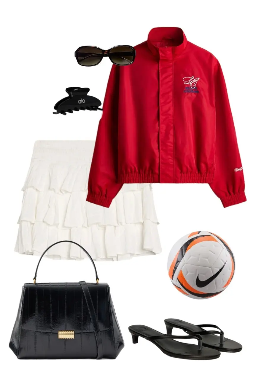 red track jacket with script embroidery white tiered ruffle mini skirt black Alo claw clip tortoiseshell sunglasses black croc embossed structured top handle bag black kitten heel thong sandals Nike soccer ball prop outfit 19