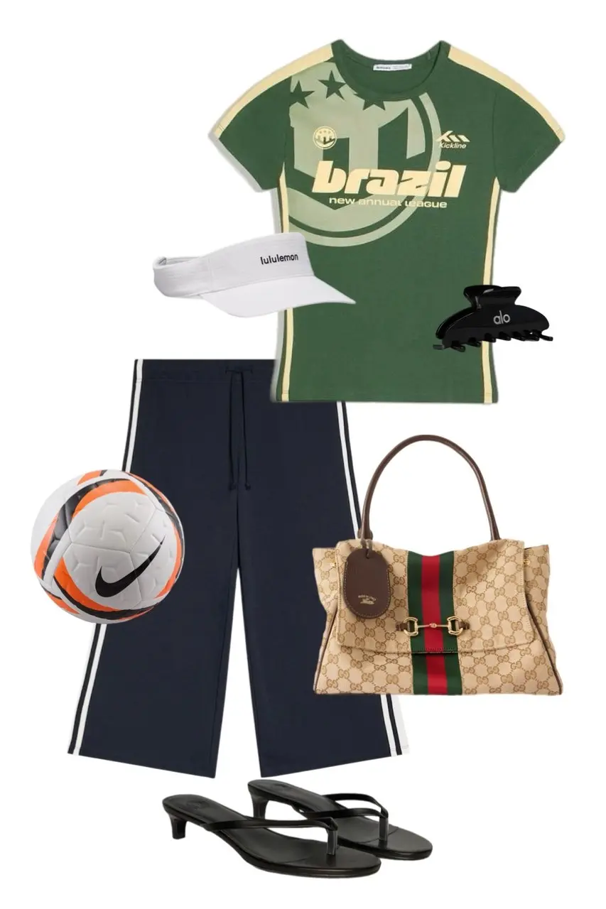 green cream gold Brazil graphic soccer jersey navy wide-leg track pants with white stripe white Lululemon visor black Alo claw clip Gucci monogram tote bag black kitten heel thong sandals Nike soccer ball prop outfit 20