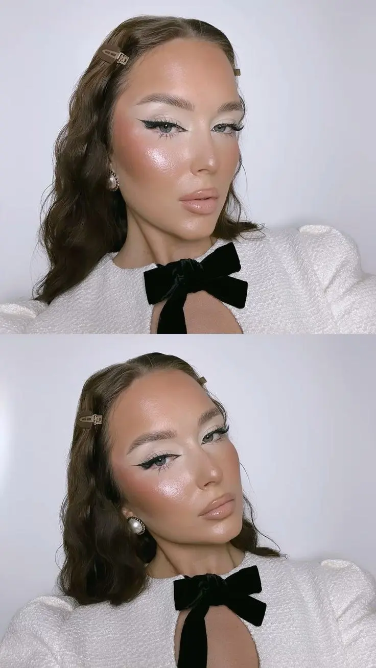 brunette woman double photo with precise black cat eye liner luminous glass skin warm blush nude lip hair clips velvet bow cold girl makeup look 8