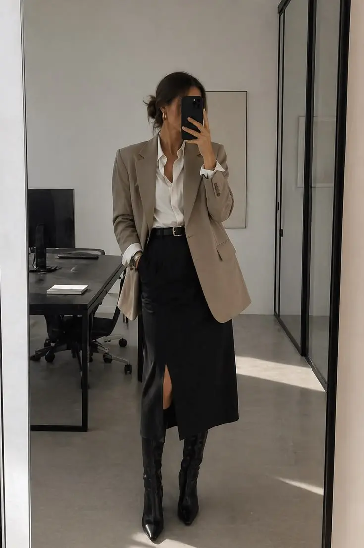 woman in camel oversized blazer white poplin shirt black faux leather midi skirt front slit black pointed knee high boots mirror selfie office background fall work outfit 16