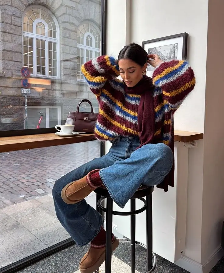 woman seated at cafe window in multicolor striped mohair sweater burgundy turtleneck wide leg blue jeans platform UGG boots dark structured handbag pumpkin patch outfit 6
