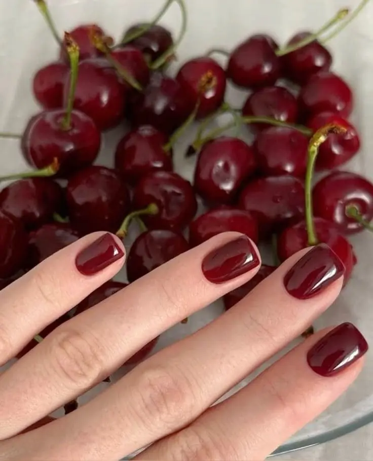 short square nails in deep glossy cherry red color, hand resting on bowl of fresh dark red cherries, photo 2