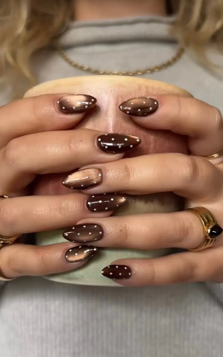 short almond nails in alternating deep chocolate brown and copper bronze chrome gel with tiny scattered white dot constellation details, photo 7