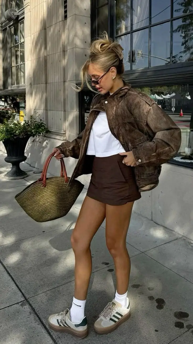 woman in vintage acid wash brown oversized denim jacket white crop tee dark brown mini skirt Adidas Samba sneakers white socks and straw basket bag street style outfit 3
