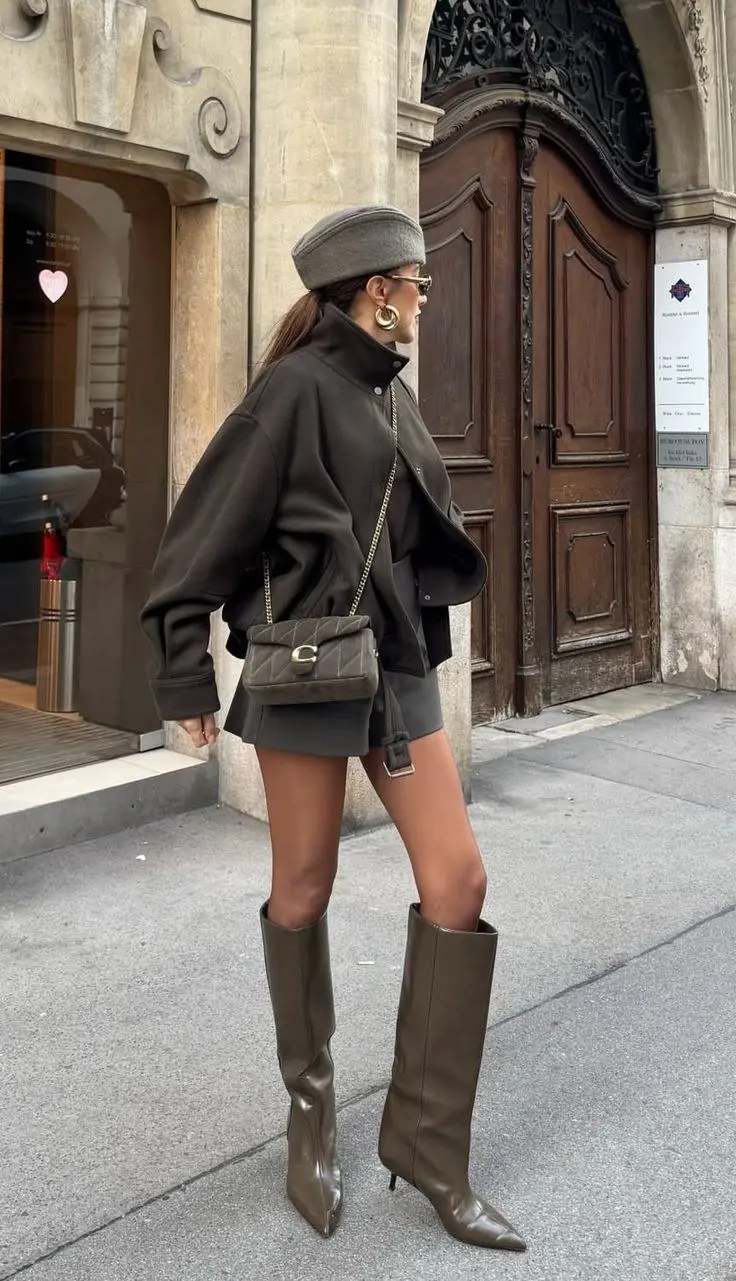Mary Jane boots with chunky sole in black leather, worn with wide-leg cargo pants and a fitted turtleneck, editorial street style