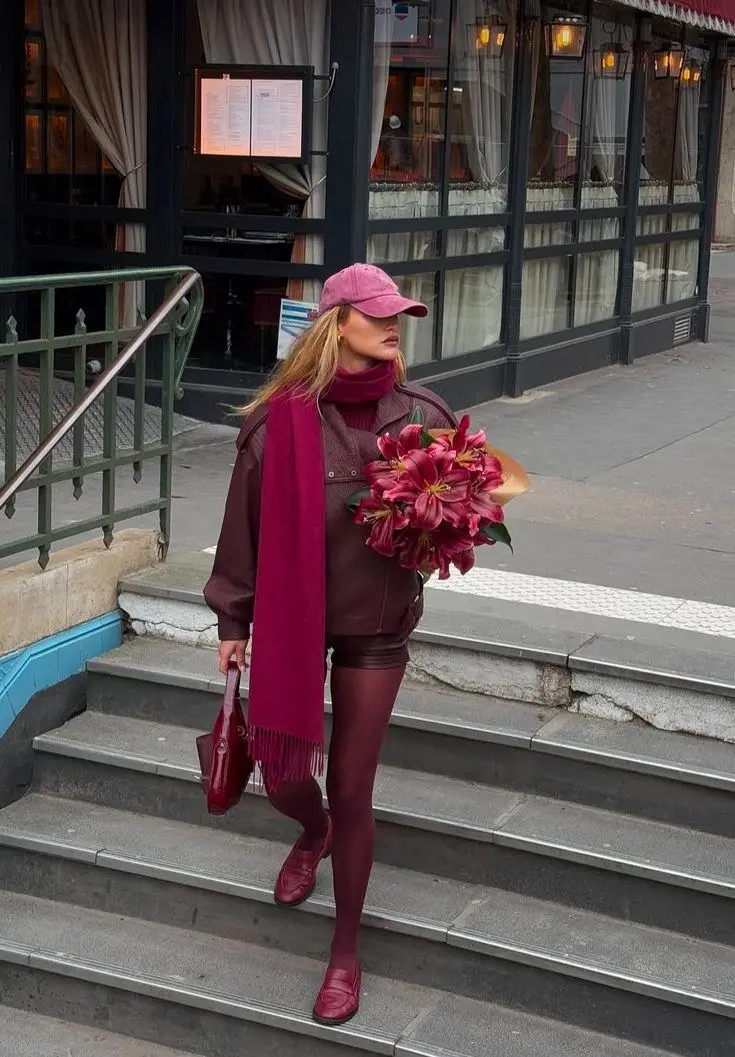 Head-to-toe oxblood outfit — wool coat, leather ankle boots, ribbed knit — deep wine red tonal dressing, fall street style editorial