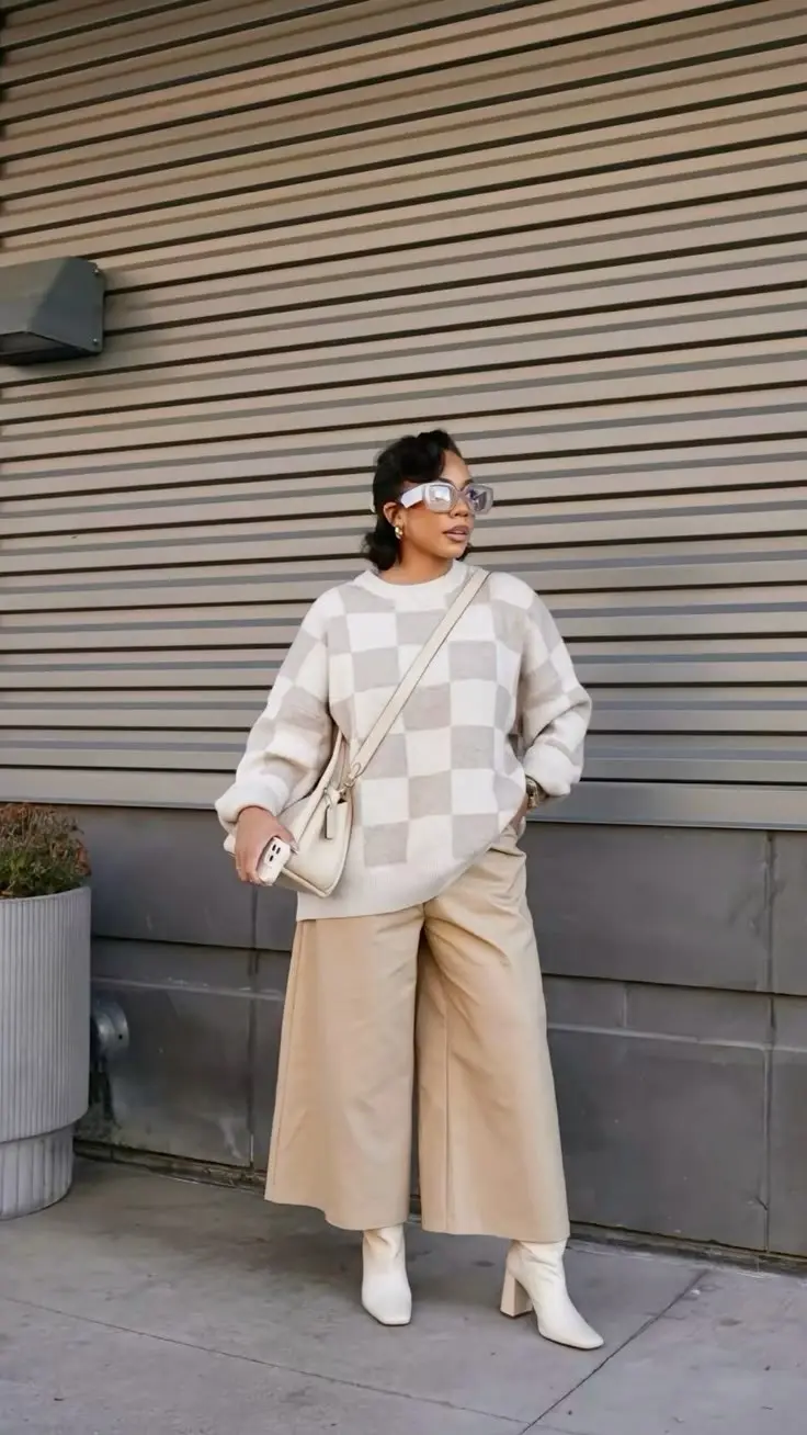 Plus size model in all-chocolate brown tonal look — suede ankle boots, satin trouser, cashmere knit, editorial style