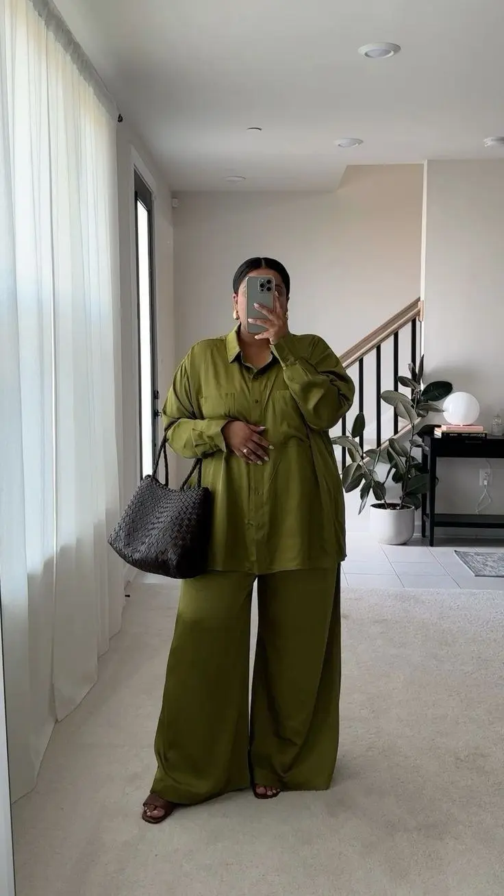 Editorial shot: curvy model in terracotta tonal layers — oversized knit, satin midi skirt, tan loafers, golden autumn light