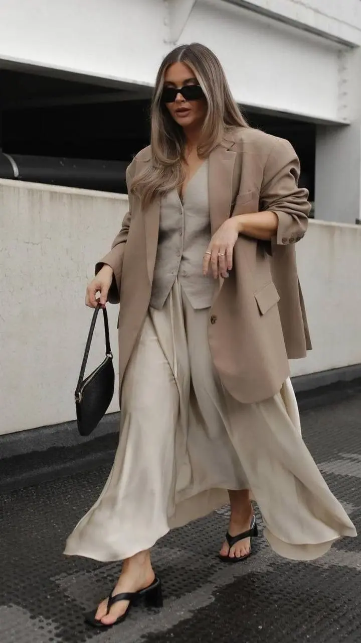 Plus size model wearing oversized camel blazer, white fitted turtleneck, dark straight-leg jeans, block heels, city street