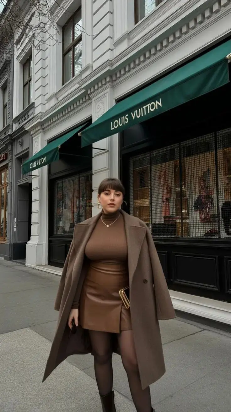 Plus size editorial shot: model in sleek black leather sheath dress, statement belt, over-the-knee boots