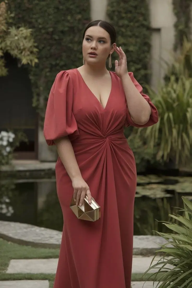 Plus size model in rich burgundy wrap dress in ponte fabric, block heel ankle boots, structured handbag, editorial setting