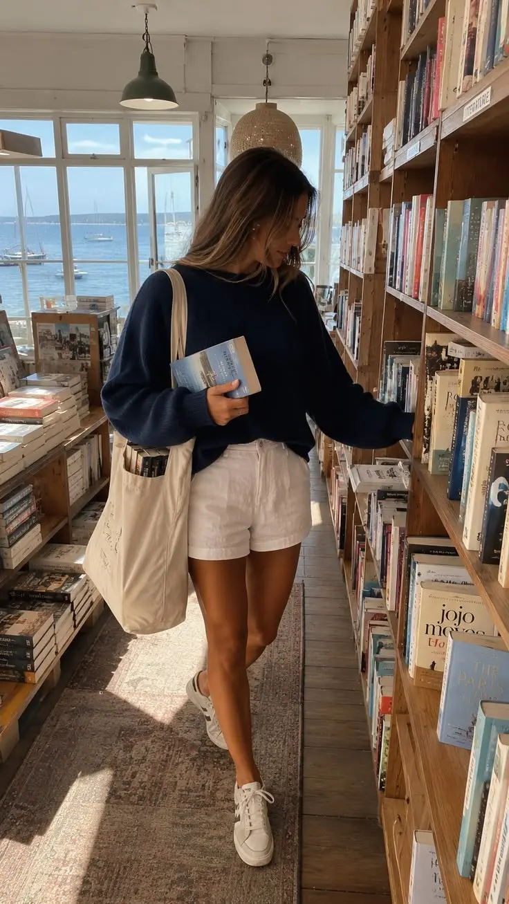 woman in navy oversized sweater white linen shorts white sneakers canvas tote bag in bookstore with ocean view outfit 3