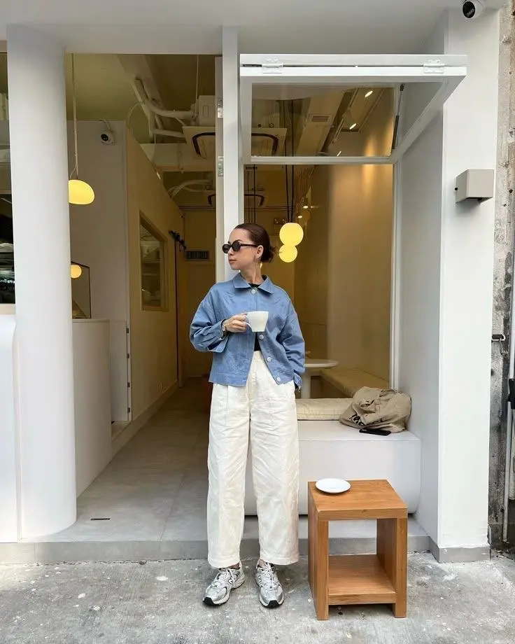 woman standing at minimalist cafe entrance wearing light blue denim chore jacket black inner layer wide cream barrel trousers grey white New Balance sneakers small dark sunglasses hair bun coffee cup outfit 17