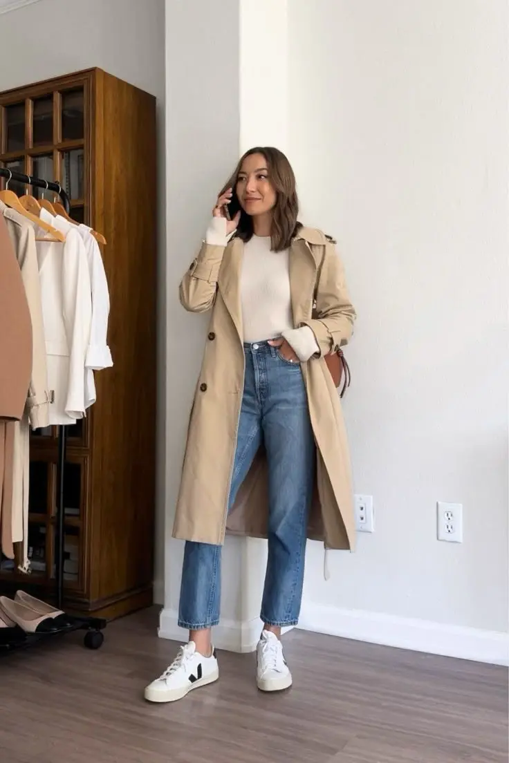 woman in long camel trench coat cream knit sweater straight leg blue jeans and white Veja sneakers indoors outfit 5
