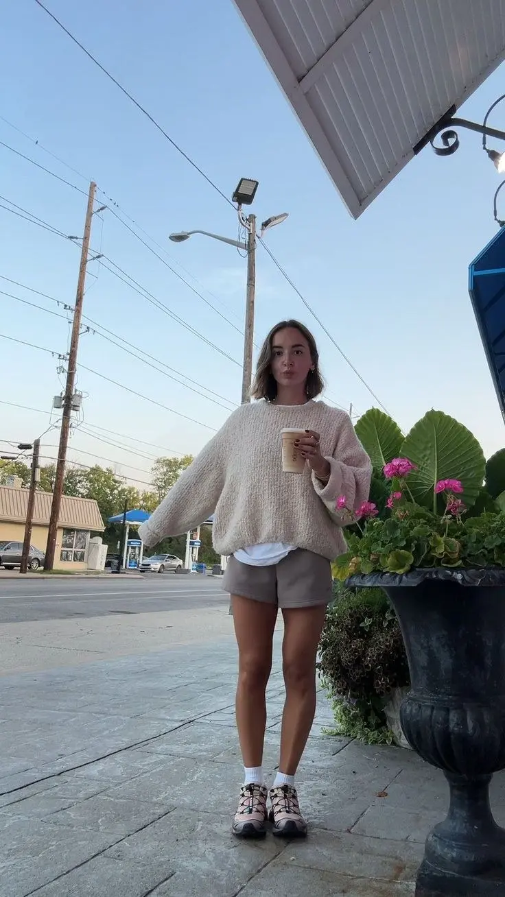 woman in oversized cream knit sweater taupe athletic shorts white socks hiking sneakers outdoors outfit 3