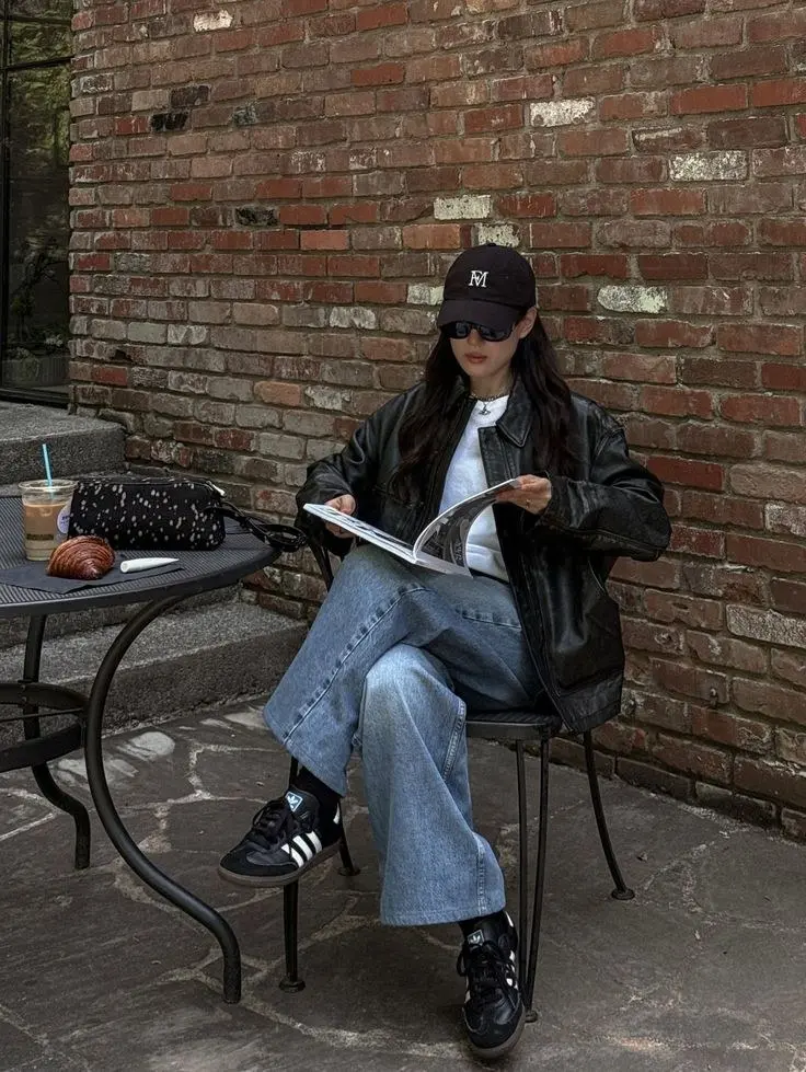 woman in black oversized leather jacket white tee wide leg light wash jeans adidas samba black sneakers adidas socks dark baseball cap narrow sunglasses small dalmatian print bag seated cafe outdoor outfit 17
