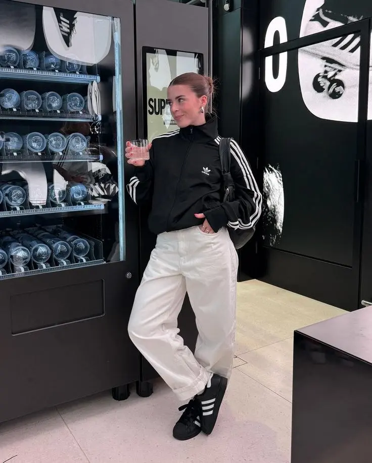 woman in black adidas three stripe track jacket white barrel leg wide jeans black adidas sneakers small backpack pearl earrings sleek bun adidas store background outfit 18