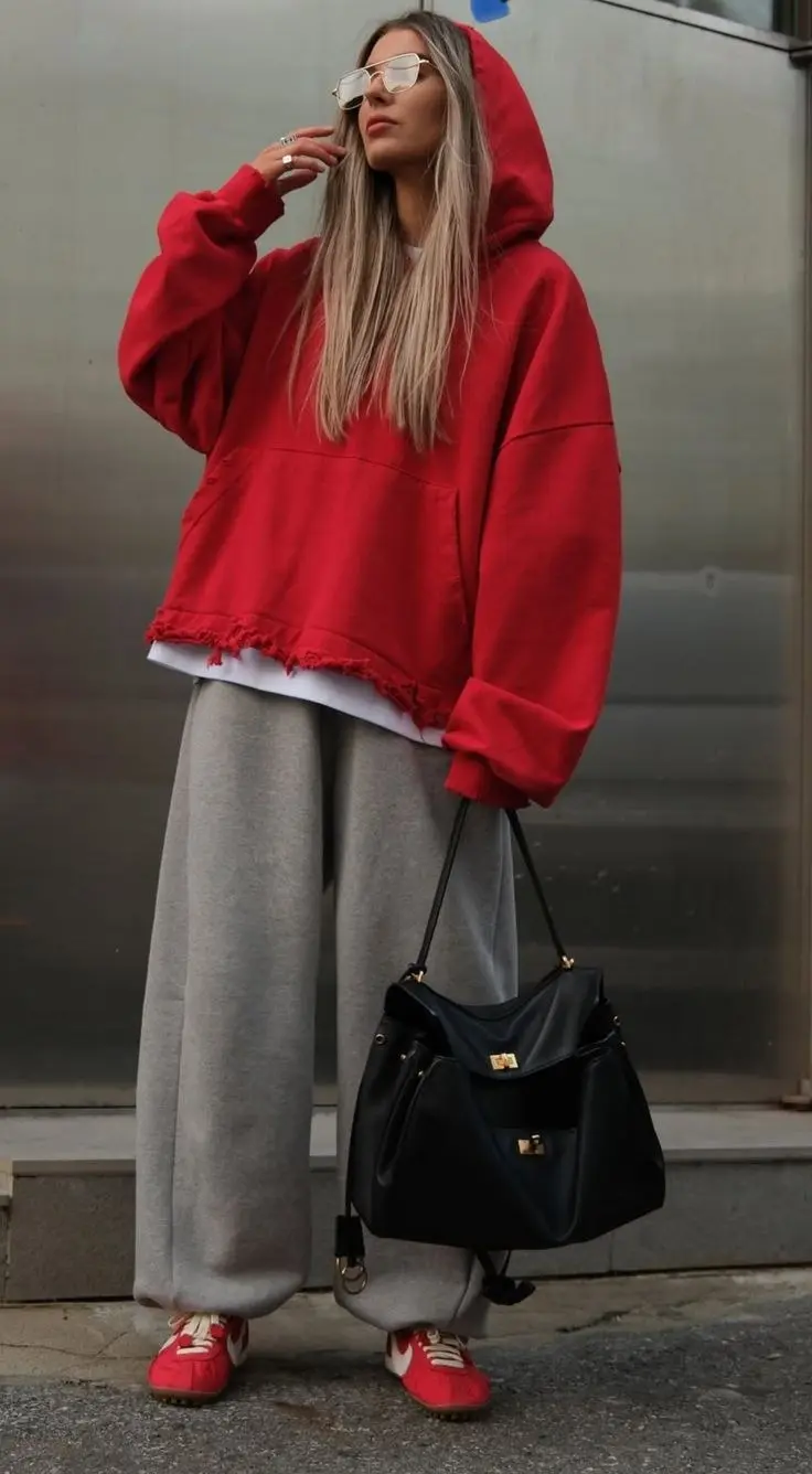 blonde woman in red oversized frayed hem hoodie white tee grey wide leg sweatpants red classic Nike sneakers cream sole structured black leather shoulder bag tinted square glasses street style outfit 20