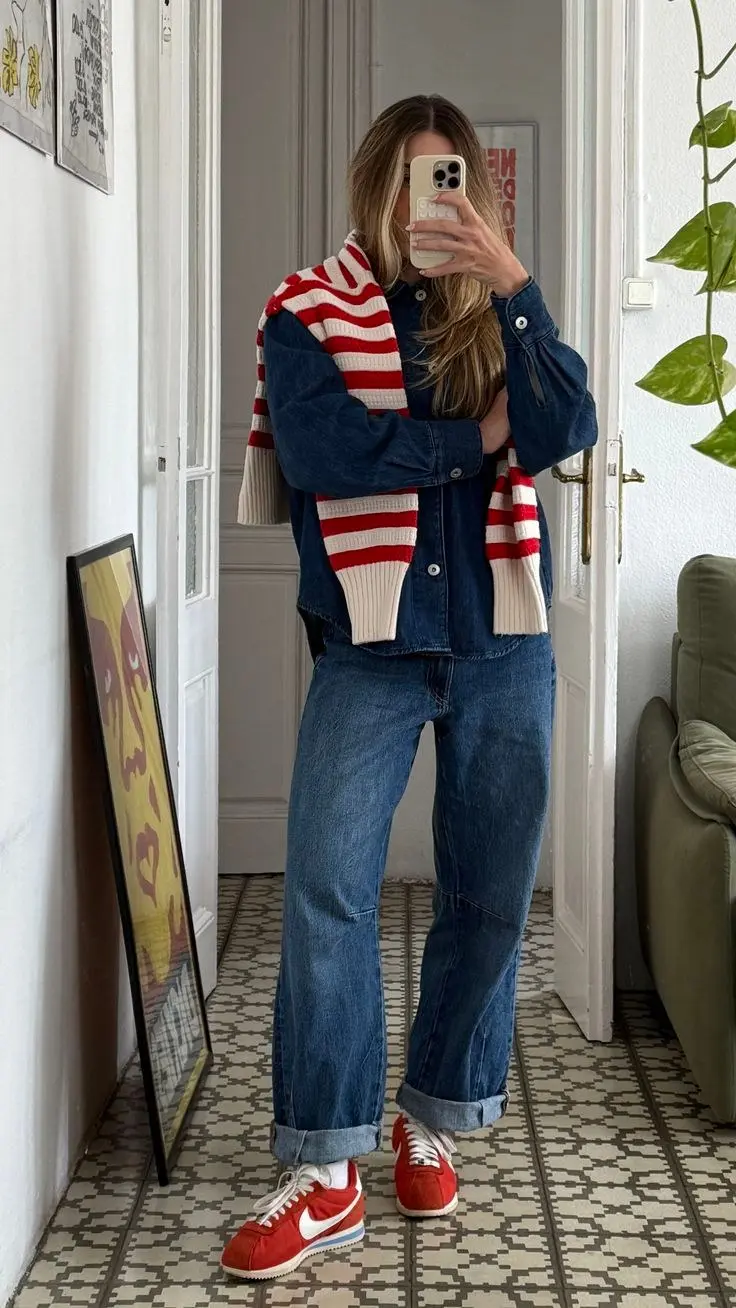 woman in dark denim overshirt red cream striped knit scarf tied on shoulders blue wide leg cuffed jeans red Nike Cortez sneakers white socks mirror selfie hallway home outfit 23