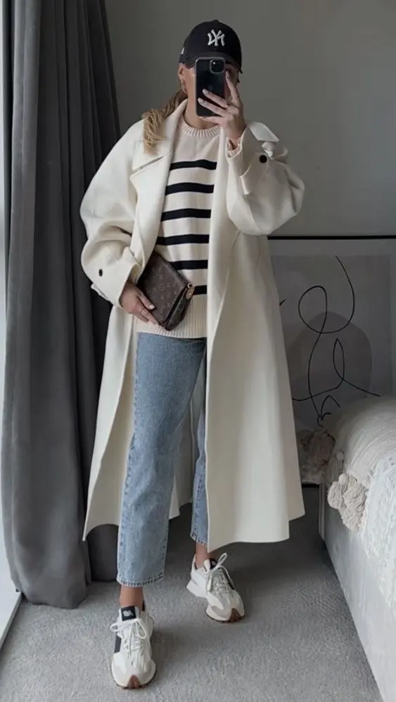 woman in long ivory wool coat striped knit sweater light blue straight jeans black baseball cap white New Balance sneakers mirror selfie outfit 5