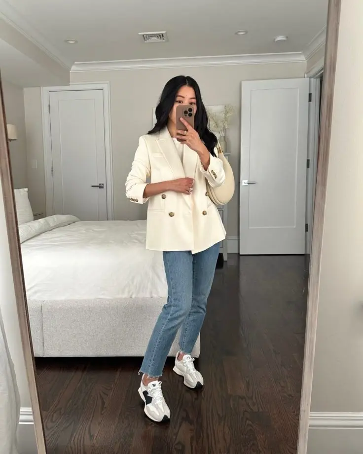 woman in cream double-breasted gold button blazer straight mid-wash jeans white navy New Balance sneakers cream shoulder bag mirror selfie outfit 13