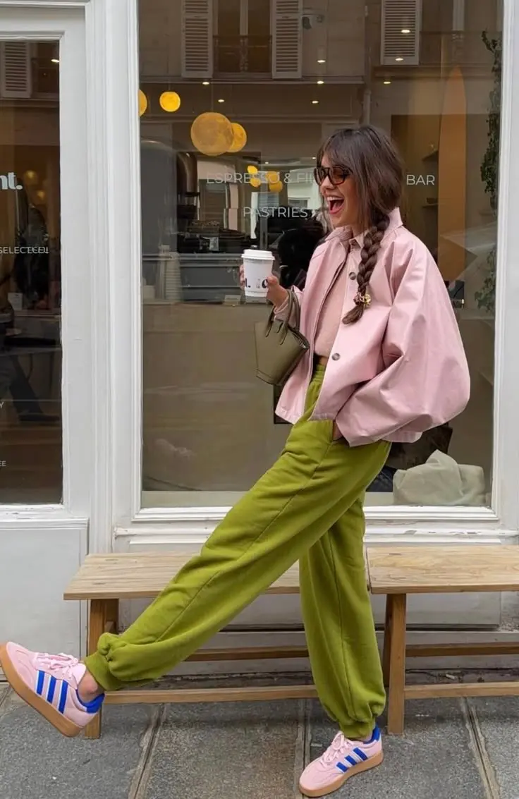 woman laughing outside cafe in oversized pale pink jacket, olive green wide-leg sweatpants, pink sneakers with blue stripe, small olive bag, sunglasses, braided hair, photo 8