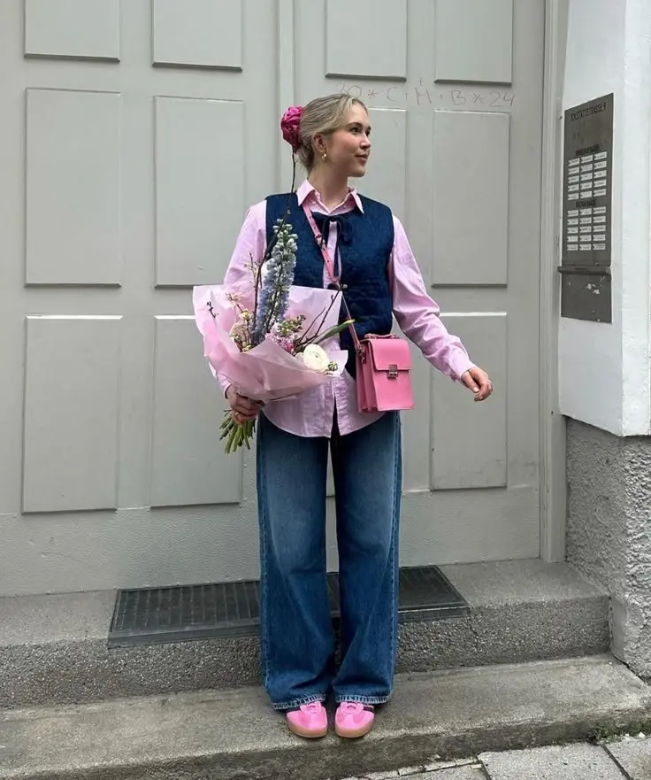 woman standing in pink button-front shirt, navy quilted vest, narrow navy tie, wide-leg dark wash jeans, pink sneakers, small pink crossbody bag, pink flower hair accessory, photo 14