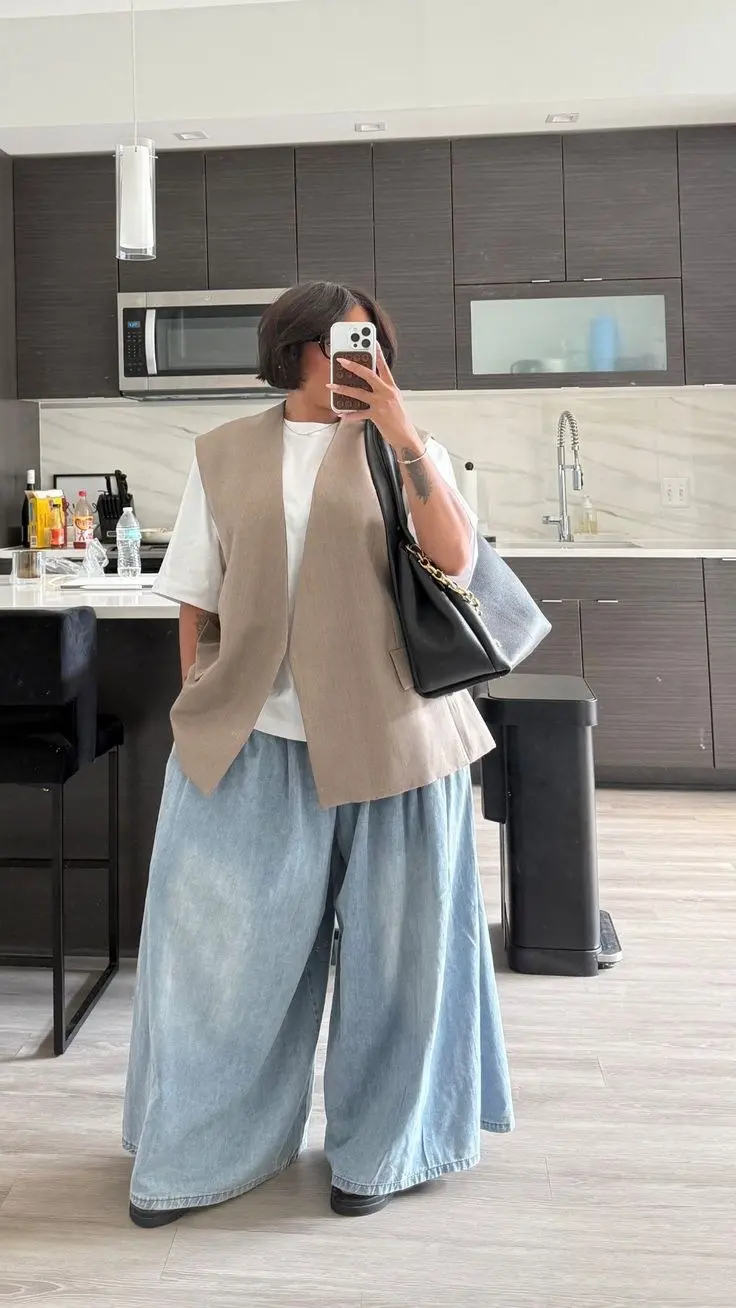 woman wearing beige linen vest over white tee with wide leg light wash jeans and black chain bag mirror selfie outfit 1