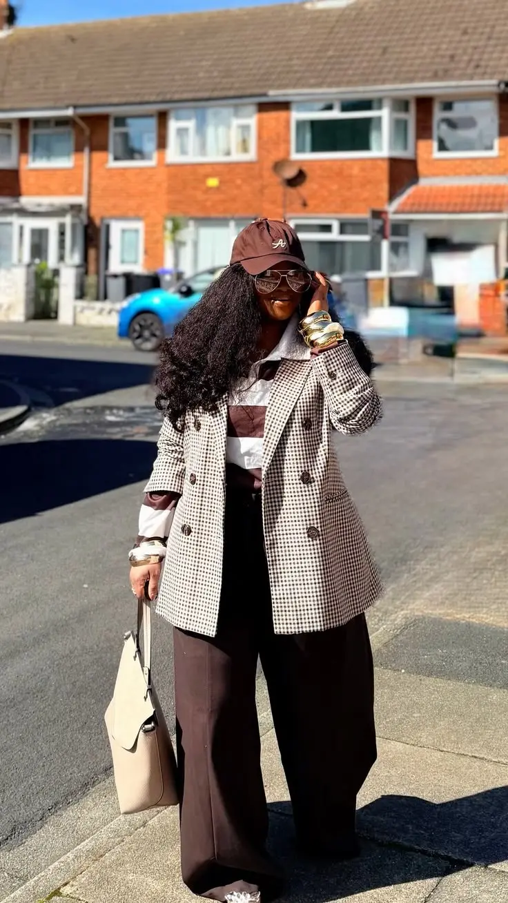 woman in brown cream gingham double breasted blazer white shirt brown corset top dark chocolate wide leg trousers brown baseball cap gold bangles cream tote bag sunglasses outfit 2