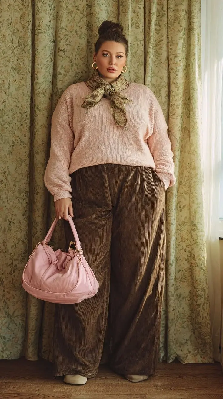 woman in blush pink ribbed knit sweater olive wide leg corduroy trousers floral neckerchief blush pink satchel bag cream mule ankle boots gold hoop earrings floral curtain background outfit 16