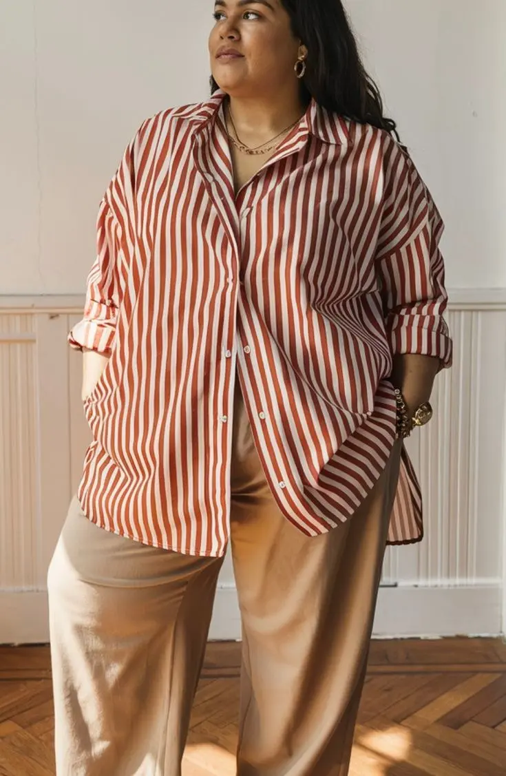 woman in rust white striped oversized button down shirt champagne satin wide leg trousers gold layered necklaces gold watch hands in trouser pockets parquet floor indoor outfit 17