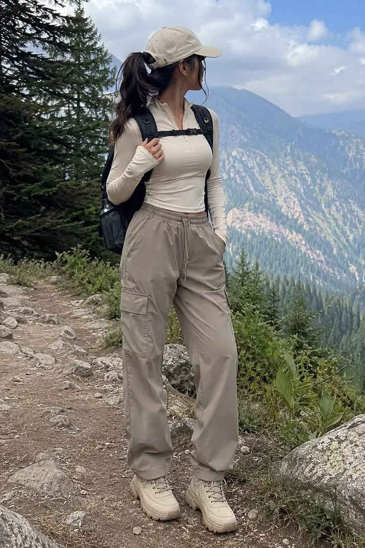 woman in cream fitted half-zip long-sleeve crop top khaki cargo jogger pants tan chunky hiking boots black backpack beige baseball cap on mountain trail photo 14