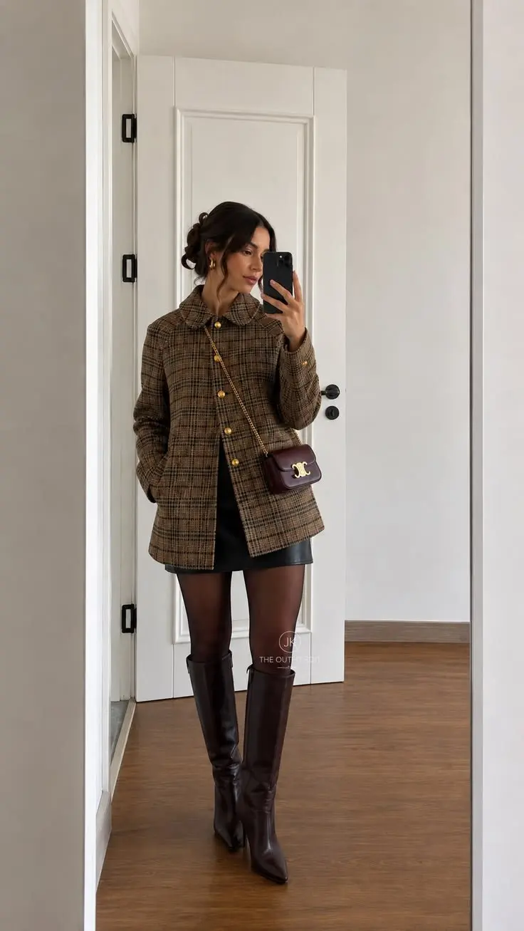 woman wearing brown black plaid tweed jacket gold buttons black leather mini skirt sheer tights dark brown knee high boots burgundy crossbody bag mirror selfie outfit 6