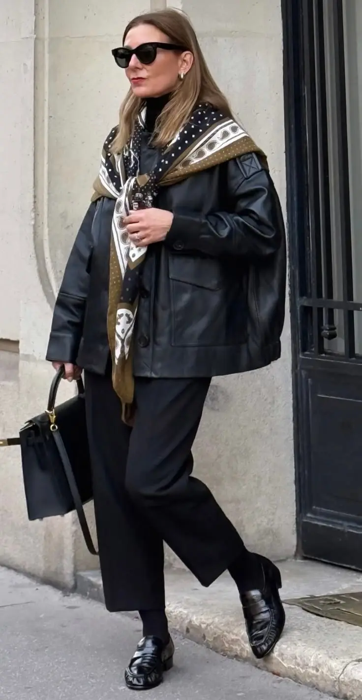 woman walking street wearing oversized black leather utility jacket black wide leg trousers black loafers black socks printed cream khaki scarf draped on shoulders black structured top handle bag cat eye sunglasses red lip outfit 17