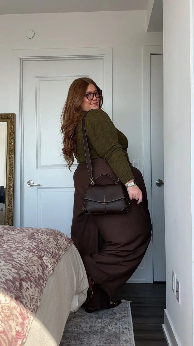 curvy woman in olive cable knit sweater chocolate high waist wide leg trousers animal print heeled boots brown structured shoulder bag tortoiseshell glasses watch bedroom outfit 18