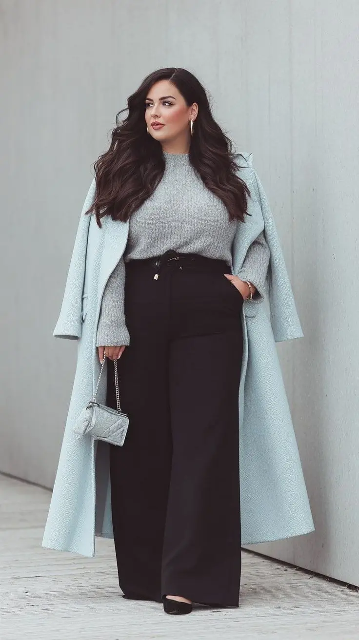 curvy woman in powder blue long wool coat gray mock neck knit sweater black wide leg trousers black pointed heel pumps small quilted chain bag large hoop earrings street style outfit 19