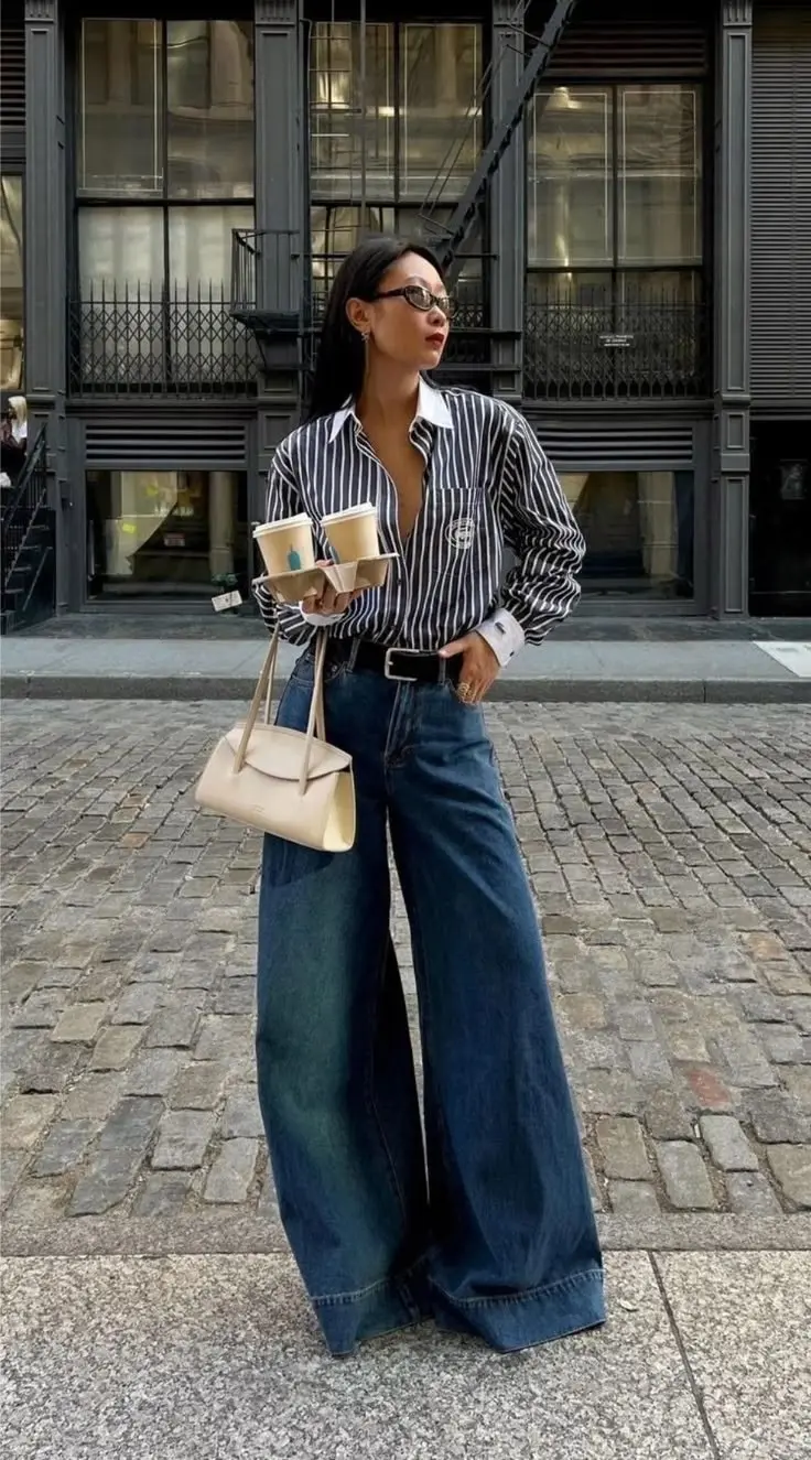 woman in oversized black white striped shirt black belt dark wide leg jeans beige structured shoulder bag sunglasses street outfit 5