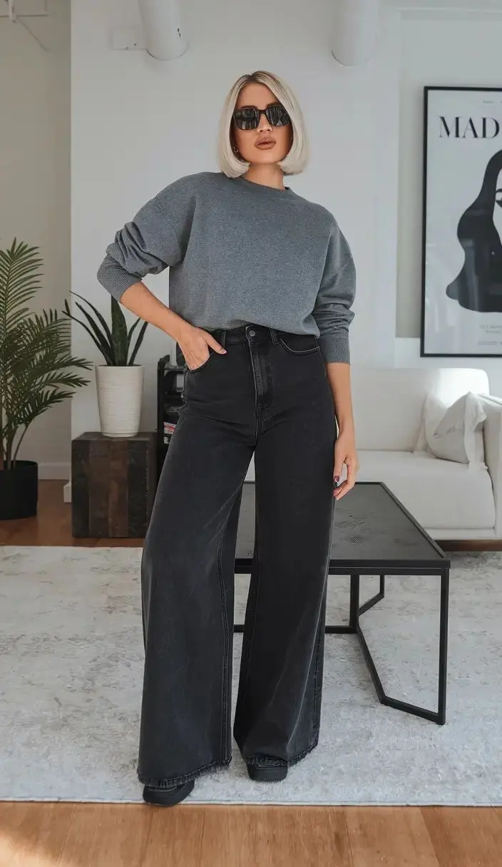 blonde woman in grey crewneck sweatshirt black wide leg jeans dark sneakers square sunglasses indoor living room outfit 8