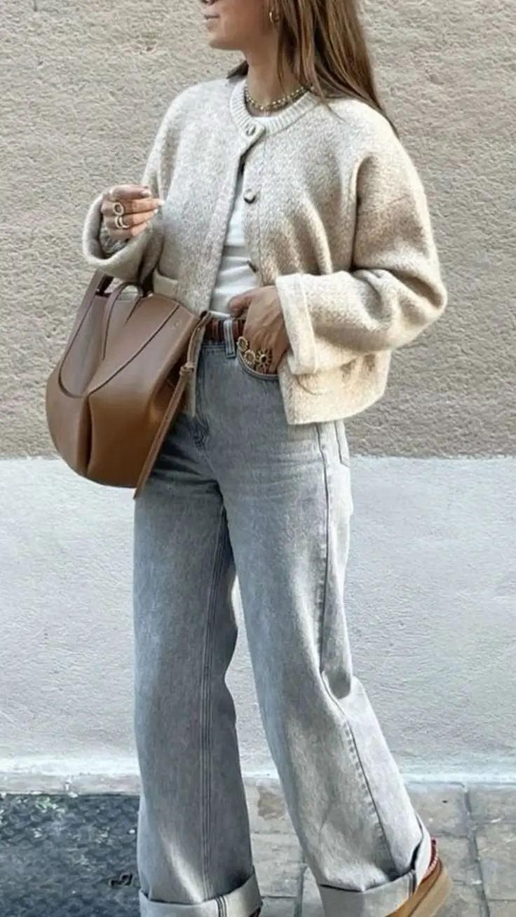 woman in oatmeal boucle button cardigan white tank top studded belt light grey cuffed wide leg jeans white sneakers tan structured bag pearl necklace street outfit 17