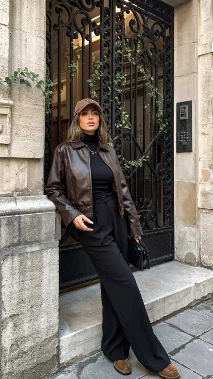 woman in chocolate brown leather bomber jacket black ribbed turtleneck black wide leg trousers tan loafers small black bag brown cap chain necklace street outfit 14