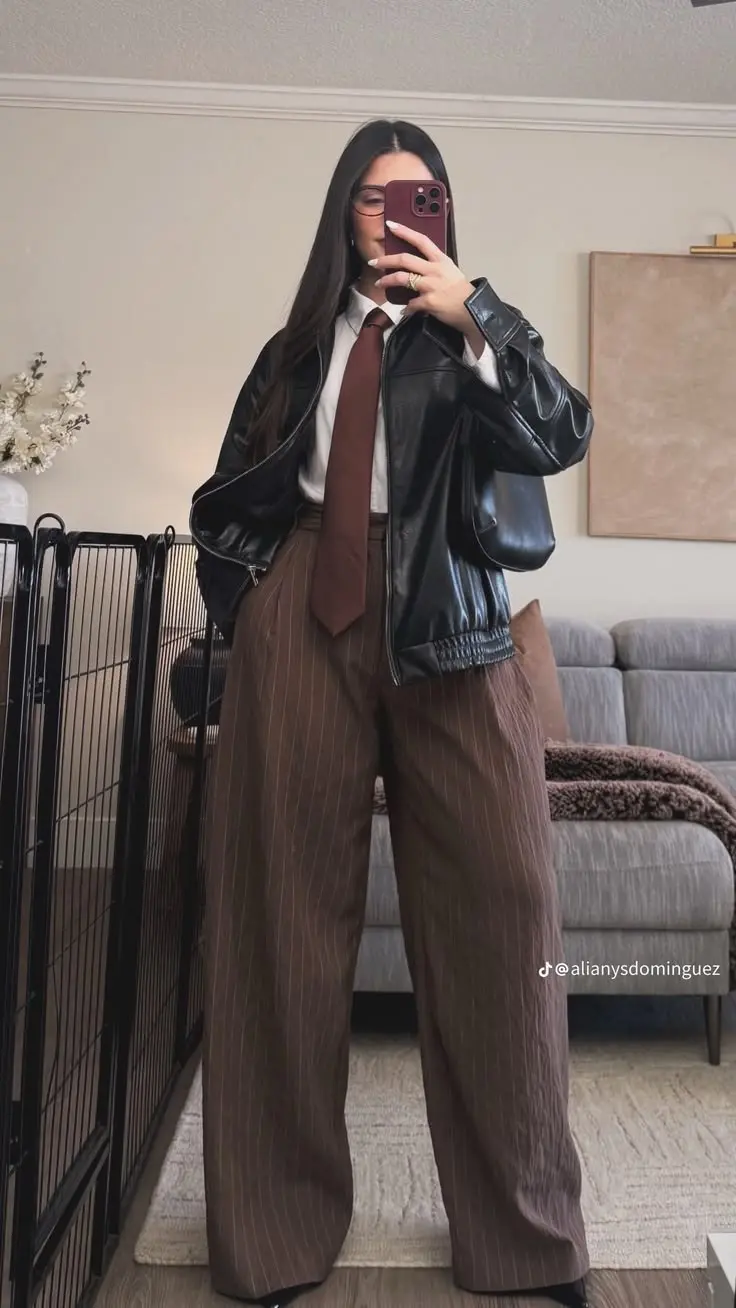 woman in black leather bomber jacket white button shirt brown tie brown wide leg trousers black shoulder bag glasses black pointed heeled boots mirror selfie outfit 20