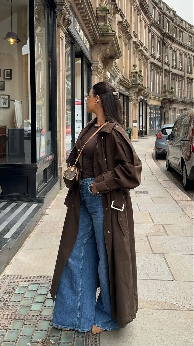 woman wearing chocolate brown long trench coat open over dark brown fitted tee wide leg blue jeans small monogram crossbody bag hair clip outfit 2