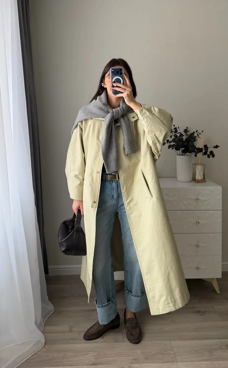 woman in mirror selfie wearing pale yellow long trench coat open over gray sweater tied at shoulders white top straight light wash jeans dark brown loafers small black leather bag outfit 10
