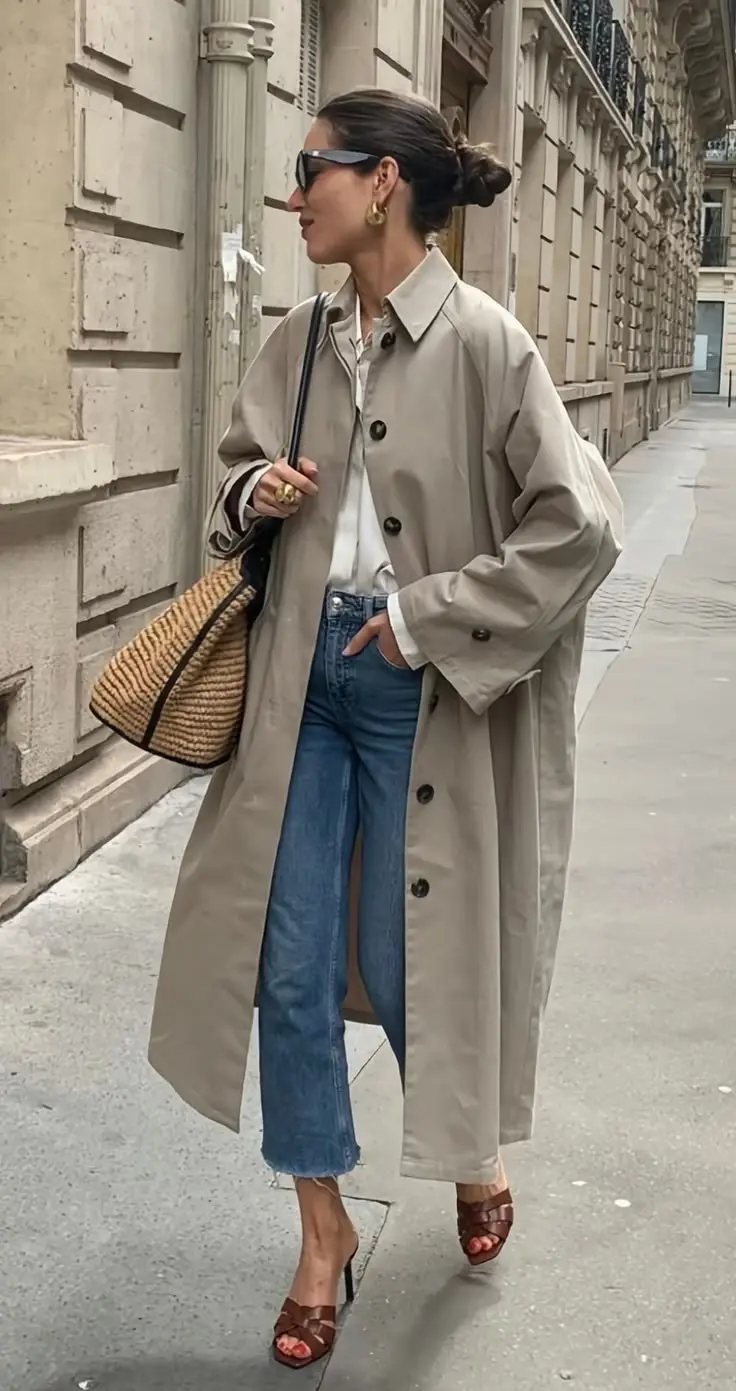woman on street wearing beige long double-breasted trench coat open over denim jacket white tee wide leg light wash cuffed jeans leopard pointed toe heels black leather gloves brown circular leather bag eyeglasses outfit 16