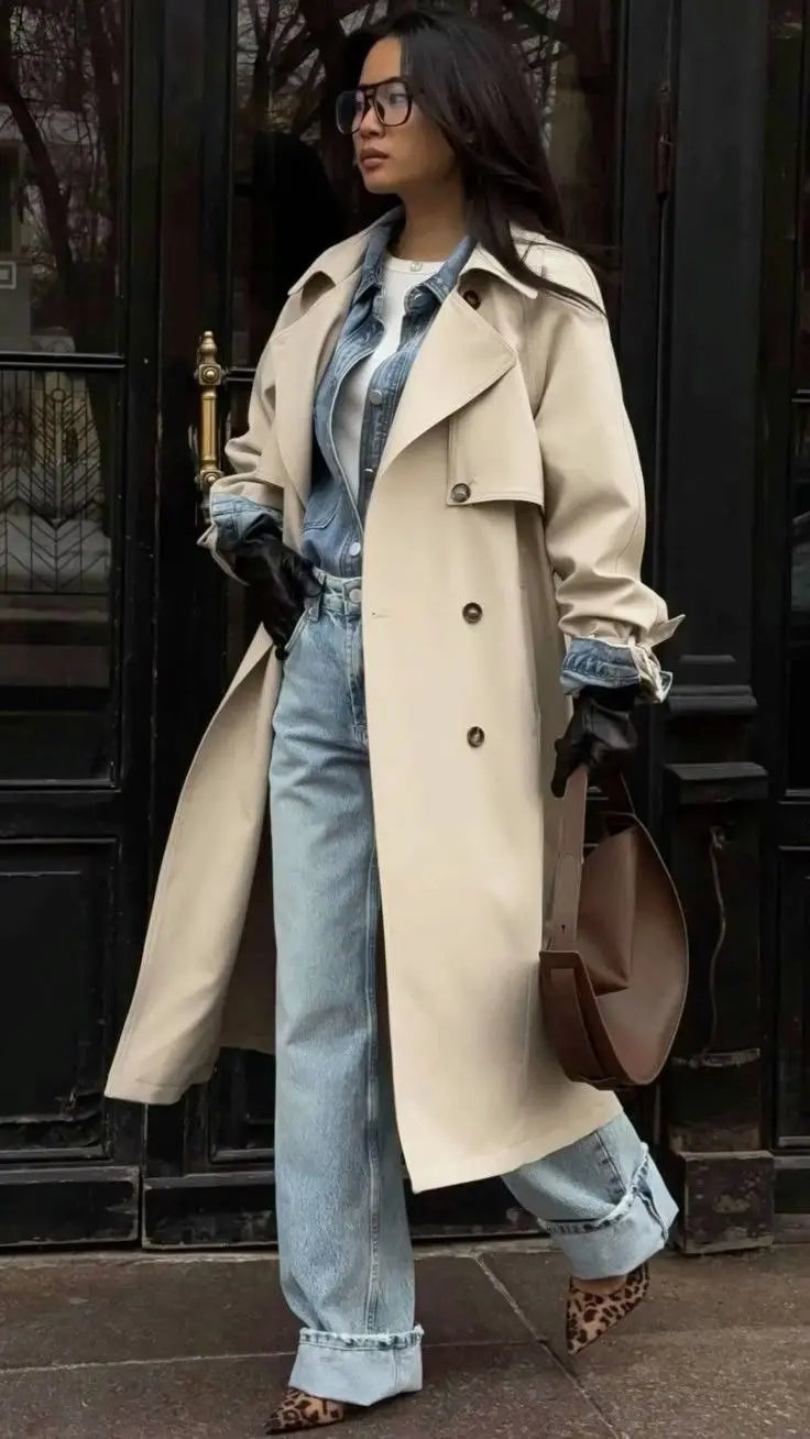 woman on cobblestone street wearing dark brown waxed long trench coat over cream ribbed knit sweater brown paisley bandana at neck dark indigo wide leg jeans cream cowboy boots tan leather top handle bag round tinted sunglasses outfit 17
