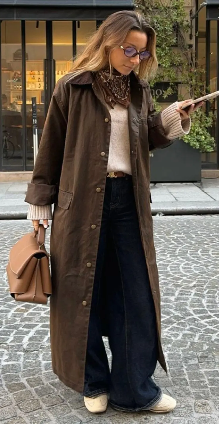 woman in mirror selfie wearing camel long open trench coat over light blue gingham shirt white tank top pale straight leg jeans black patent mary jane flats beige structured tote bag square sunglasses outfit 18
